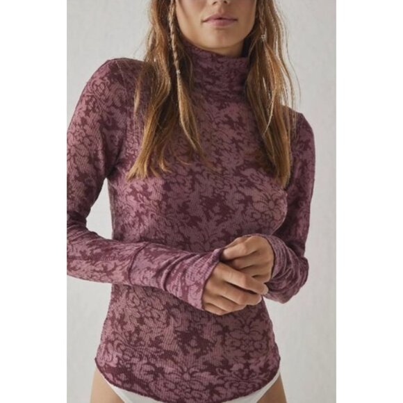 INTIMATELY FREE PEOPLE You and I Print Ribbed Highneck Top in Acai Floral Boho - Picture 1 of 14